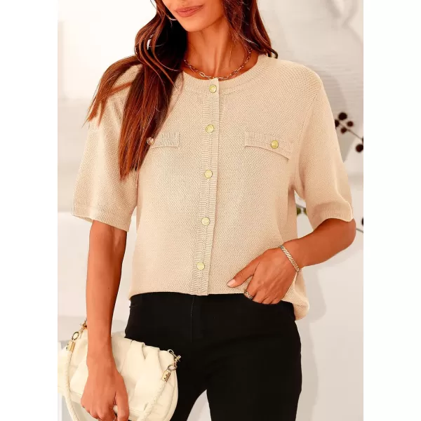imagePRETTYGARDEN Womens Summer Button Down Shirts Casual Short Sleeve Crew Neck Ribbed Knit Blouse Top CardigansBeige