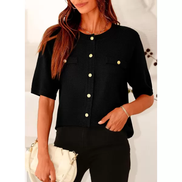 imagePRETTYGARDEN Womens Summer Button Down Shirts Casual Short Sleeve Crew Neck Ribbed Knit Blouse Top CardigansBlack