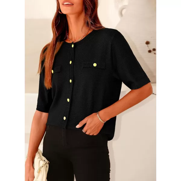 imagePRETTYGARDEN Womens Summer Button Down Shirts Casual Short Sleeve Crew Neck Ribbed Knit Blouse Top CardigansBlack