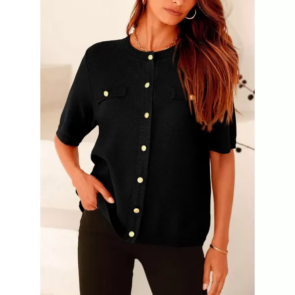 imagePRETTYGARDEN Womens Summer Button Down Shirts Casual Short Sleeve Crew Neck Ribbed Knit Blouse Top CardigansBlack