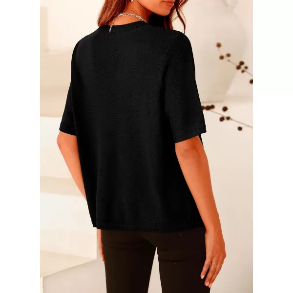 imagePRETTYGARDEN Womens Summer Button Down Shirts Casual Short Sleeve Crew Neck Ribbed Knit Blouse Top CardigansBlack