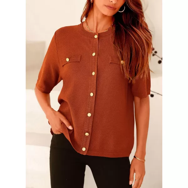 imagePRETTYGARDEN Womens Summer Button Down Shirts Casual Short Sleeve Crew Neck Ribbed Knit Blouse Top CardigansBrick Red