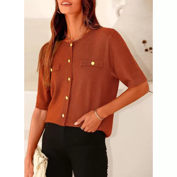 imagePRETTYGARDEN Womens Summer Button Down Shirts Casual Short Sleeve Crew Neck Ribbed Knit Blouse Top CardigansBrick Red