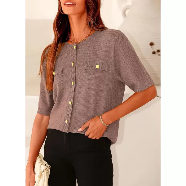 imagePRETTYGARDEN Womens Summer Button Down Shirts Casual Short Sleeve Crew Neck Ribbed Knit Blouse Top CardigansKhaki