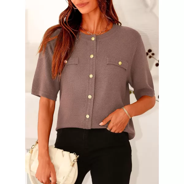 imagePRETTYGARDEN Womens Summer Button Down Shirts Casual Short Sleeve Crew Neck Ribbed Knit Blouse Top CardigansKhaki
