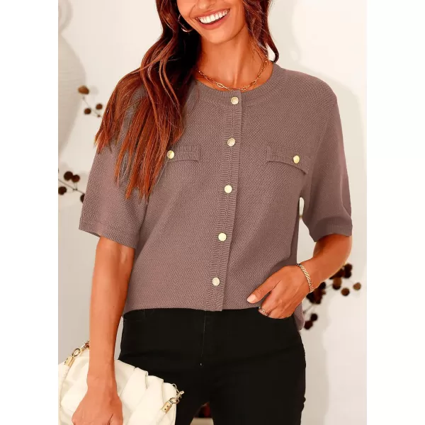 imagePRETTYGARDEN Womens Summer Button Down Shirts Casual Short Sleeve Crew Neck Ribbed Knit Blouse Top CardigansKhaki