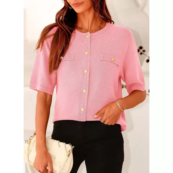 imagePRETTYGARDEN Womens Summer Button Down Shirts Casual Short Sleeve Crew Neck Ribbed Knit Blouse Top CardigansLight Pink