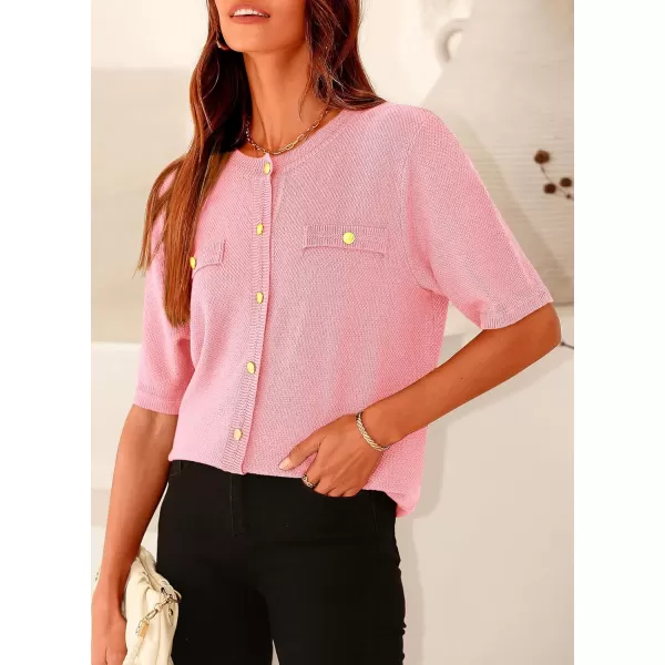 imagePRETTYGARDEN Womens Summer Button Down Shirts Casual Short Sleeve Crew Neck Ribbed Knit Blouse Top CardigansLight Pink
