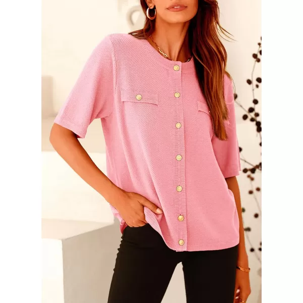 imagePRETTYGARDEN Womens Summer Button Down Shirts Casual Short Sleeve Crew Neck Ribbed Knit Blouse Top CardigansLight Pink