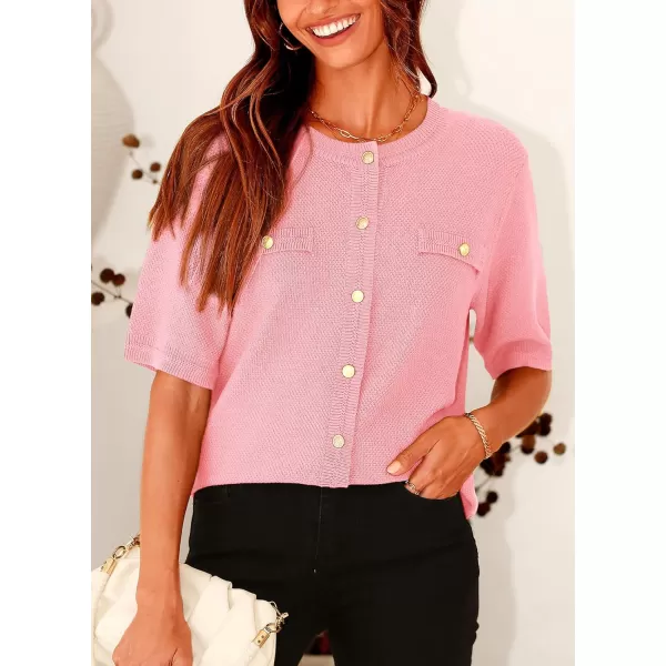 imagePRETTYGARDEN Womens Summer Button Down Shirts Casual Short Sleeve Crew Neck Ribbed Knit Blouse Top CardigansLight Pink