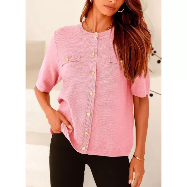 imagePRETTYGARDEN Womens Summer Button Down Shirts Casual Short Sleeve Crew Neck Ribbed Knit Blouse Top CardigansLight Pink