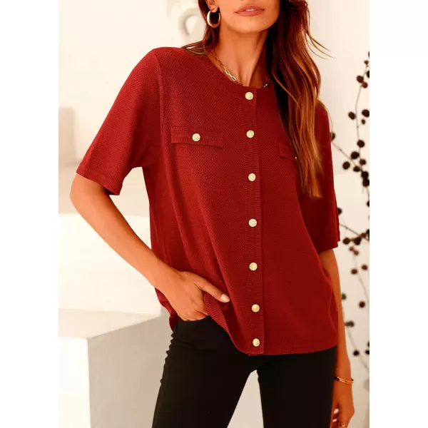 imagePRETTYGARDEN Womens Summer Button Down Shirts Casual Short Sleeve Crew Neck Ribbed Knit Blouse Top CardigansRust Red