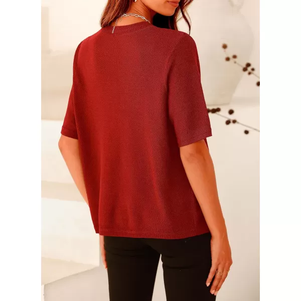 imagePRETTYGARDEN Womens Summer Button Down Shirts Casual Short Sleeve Crew Neck Ribbed Knit Blouse Top CardigansRust Red