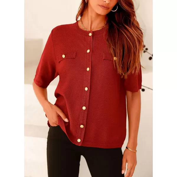imagePRETTYGARDEN Womens Summer Button Down Shirts Casual Short Sleeve Crew Neck Ribbed Knit Blouse Top CardigansRust Red