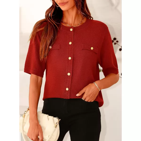 imagePRETTYGARDEN Womens Summer Button Down Shirts Casual Short Sleeve Crew Neck Ribbed Knit Blouse Top CardigansRust Red