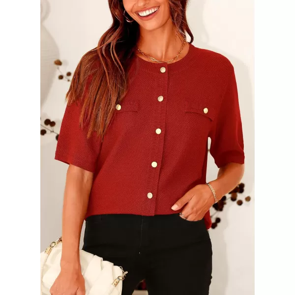 imagePRETTYGARDEN Womens Summer Button Down Shirts Casual Short Sleeve Crew Neck Ribbed Knit Blouse Top CardigansRust Red