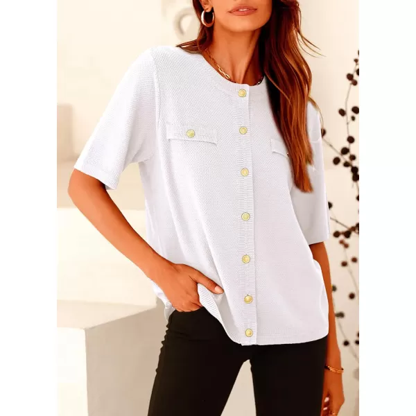 imagePRETTYGARDEN Womens Summer Button Down Shirts Casual Short Sleeve Crew Neck Ribbed Knit Blouse Top CardigansWhite