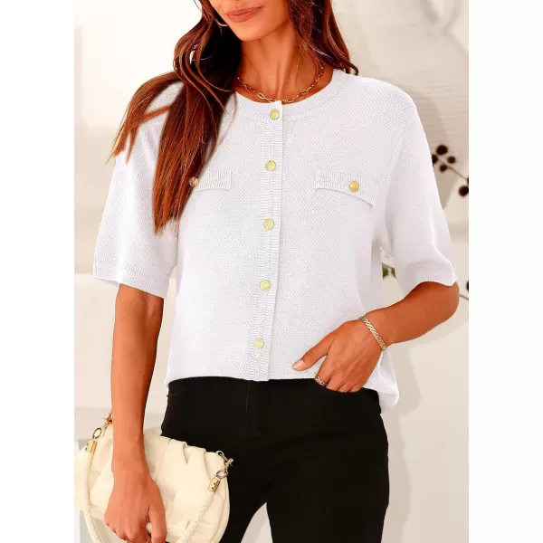 imagePRETTYGARDEN Womens Summer Button Down Shirts Casual Short Sleeve Crew Neck Ribbed Knit Blouse Top CardigansWhite
