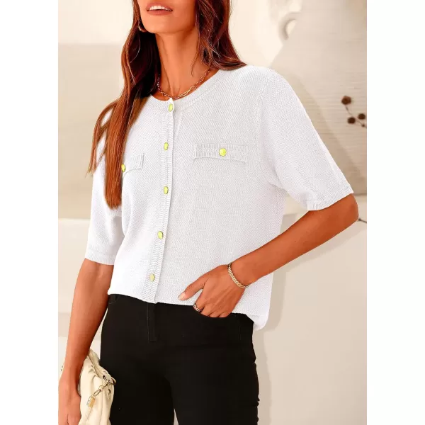 imagePRETTYGARDEN Womens Summer Button Down Shirts Casual Short Sleeve Crew Neck Ribbed Knit Blouse Top CardigansWhite