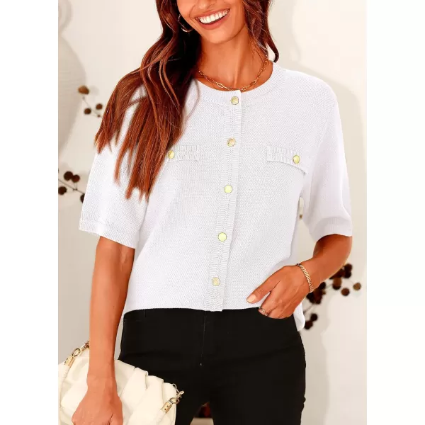 imagePRETTYGARDEN Womens Summer Button Down Shirts Casual Short Sleeve Crew Neck Ribbed Knit Blouse Top CardigansWhite