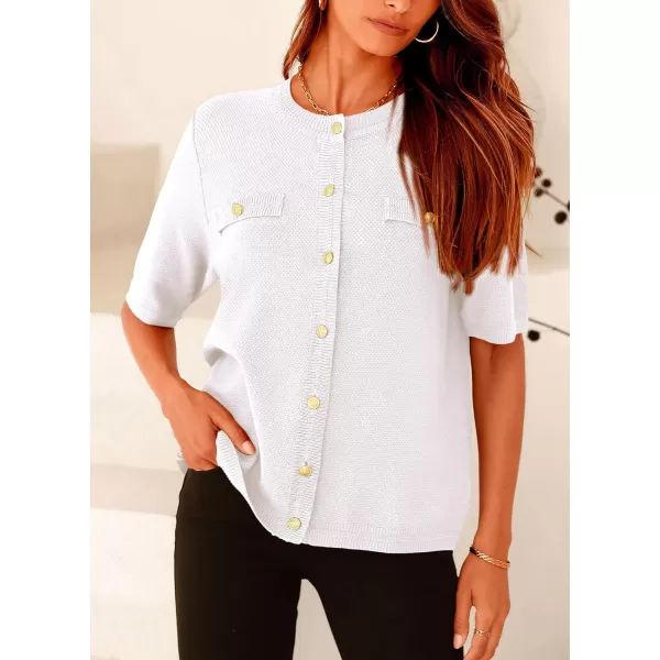 imagePRETTYGARDEN Womens Summer Button Down Shirts Casual Short Sleeve Crew Neck Ribbed Knit Blouse Top CardigansWhite