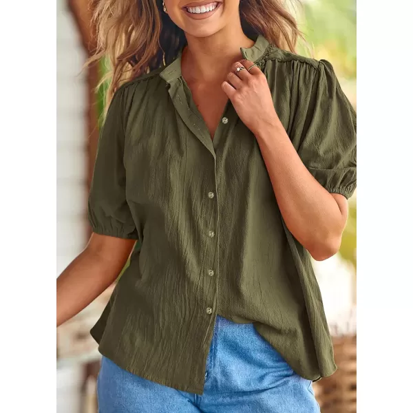 imagePRETTYGARDEN Womens Summer Button Down Shirts Short Lantern Sleeve V Neck Cotton Cute Dressy Casual Ladies Tops BlousesArmy Green