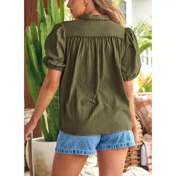 imagePRETTYGARDEN Womens Summer Button Down Shirts Short Lantern Sleeve V Neck Cotton Cute Dressy Casual Ladies Tops BlousesArmy Green
