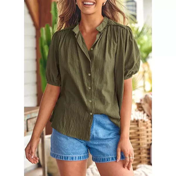 imagePRETTYGARDEN Womens Summer Button Down Shirts Short Lantern Sleeve V Neck Cotton Cute Dressy Casual Ladies Tops BlousesArmy Green