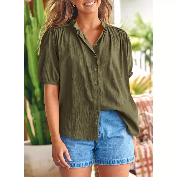 imagePRETTYGARDEN Womens Summer Button Down Shirts Short Lantern Sleeve V Neck Cotton Cute Dressy Casual Ladies Tops BlousesArmy Green