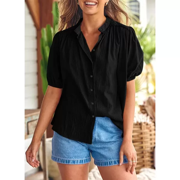 imagePRETTYGARDEN Womens Summer Button Down Shirts Short Lantern Sleeve V Neck Cotton Cute Dressy Casual Ladies Tops BlousesBlack