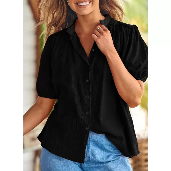 imagePRETTYGARDEN Womens Summer Button Down Shirts Short Lantern Sleeve V Neck Cotton Cute Dressy Casual Ladies Tops BlousesBlack