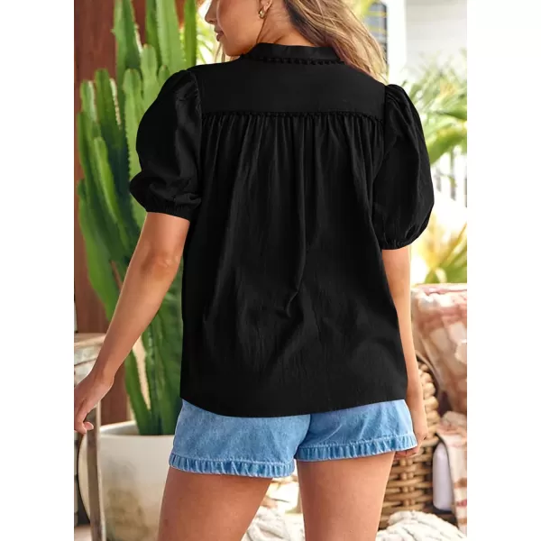 imagePRETTYGARDEN Womens Summer Button Down Shirts Short Lantern Sleeve V Neck Cotton Cute Dressy Casual Ladies Tops BlousesBlack