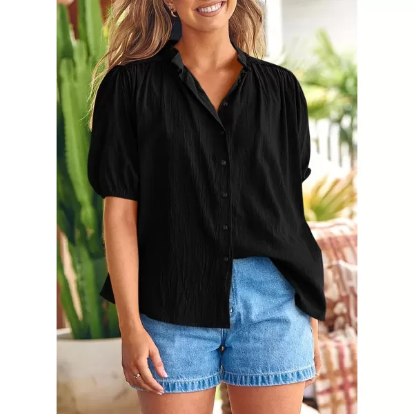 imagePRETTYGARDEN Womens Summer Button Down Shirts Short Lantern Sleeve V Neck Cotton Cute Dressy Casual Ladies Tops BlousesBlack