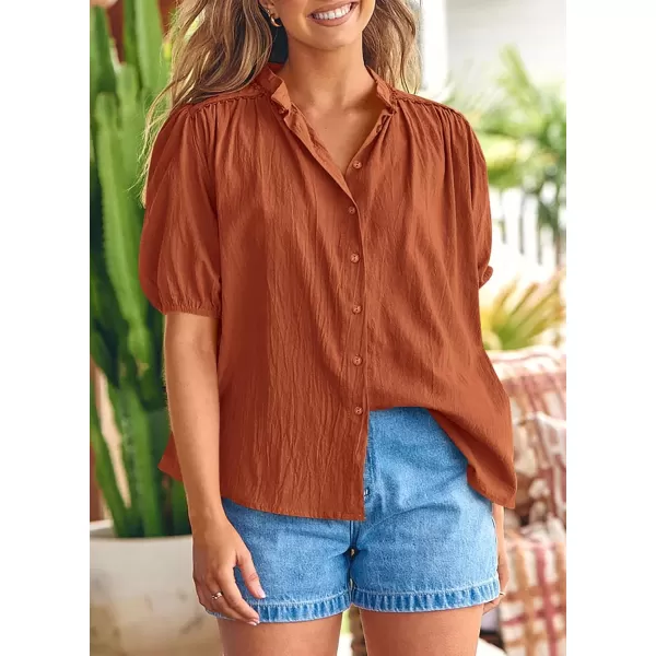 imagePRETTYGARDEN Womens Summer Button Down Shirts Short Lantern Sleeve V Neck Cotton Cute Dressy Casual Ladies Tops BlousesBrick Red