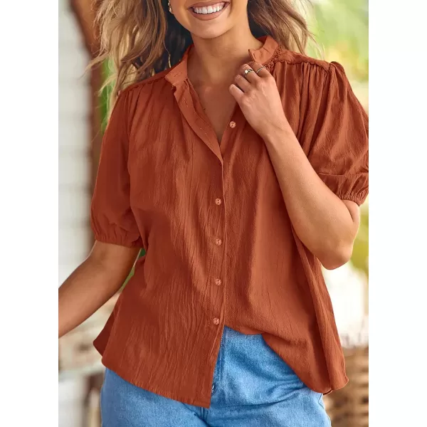 imagePRETTYGARDEN Womens Summer Button Down Shirts Short Lantern Sleeve V Neck Cotton Cute Dressy Casual Ladies Tops BlousesBrick Red