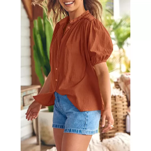 imagePRETTYGARDEN Womens Summer Button Down Shirts Short Lantern Sleeve V Neck Cotton Cute Dressy Casual Ladies Tops BlousesBrick Red