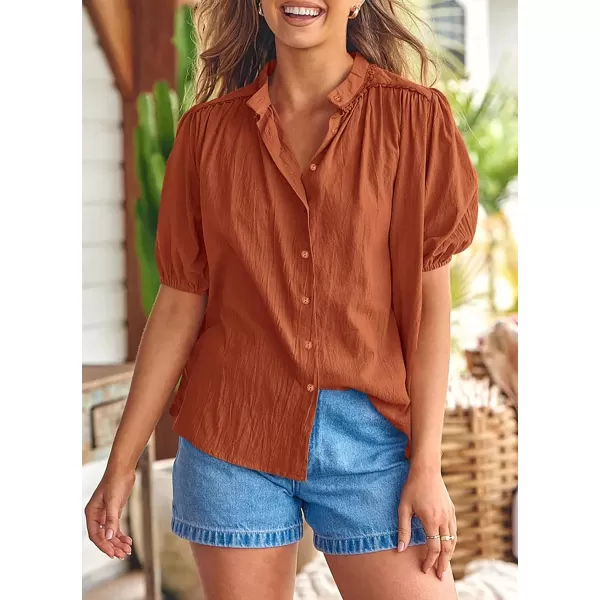 imagePRETTYGARDEN Womens Summer Button Down Shirts Short Lantern Sleeve V Neck Cotton Cute Dressy Casual Ladies Tops BlousesBrick Red