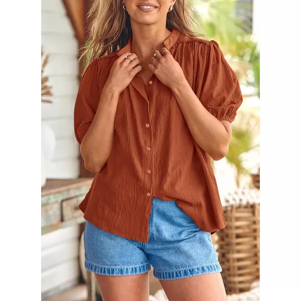 imagePRETTYGARDEN Womens Summer Button Down Shirts Short Lantern Sleeve V Neck Cotton Cute Dressy Casual Ladies Tops BlousesBrick Red