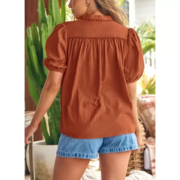 imagePRETTYGARDEN Womens Summer Button Down Shirts Short Lantern Sleeve V Neck Cotton Cute Dressy Casual Ladies Tops BlousesBrick Red