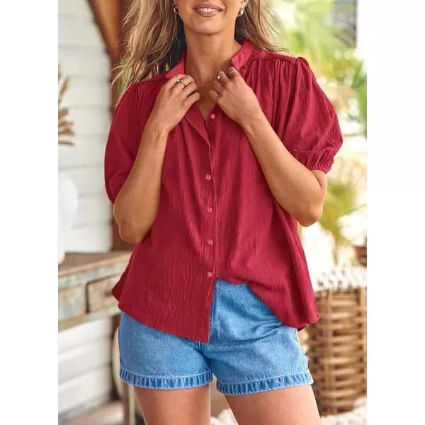 imagePRETTYGARDEN Womens Summer Button Down Shirts Short Lantern Sleeve V Neck Cotton Cute Dressy Casual Ladies Tops BlousesDark Red