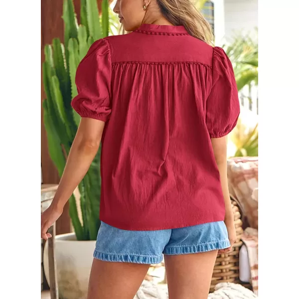 imagePRETTYGARDEN Womens Summer Button Down Shirts Short Lantern Sleeve V Neck Cotton Cute Dressy Casual Ladies Tops BlousesDark Red