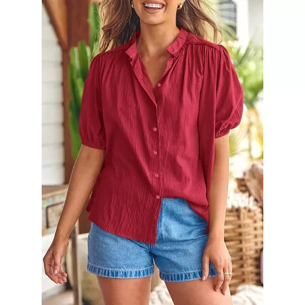 imagePRETTYGARDEN Womens Summer Button Down Shirts Short Lantern Sleeve V Neck Cotton Cute Dressy Casual Ladies Tops BlousesDark Red