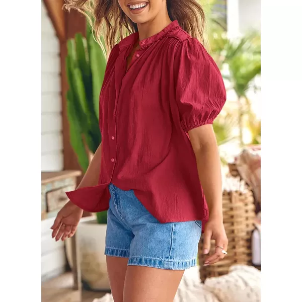 imagePRETTYGARDEN Womens Summer Button Down Shirts Short Lantern Sleeve V Neck Cotton Cute Dressy Casual Ladies Tops BlousesDark Red