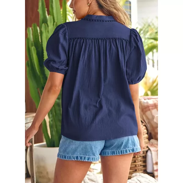 imagePRETTYGARDEN Womens Summer Button Down Shirts Short Lantern Sleeve V Neck Cotton Cute Dressy Casual Ladies Tops BlousesNavy