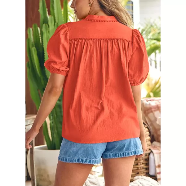 imagePRETTYGARDEN Womens Summer Button Down Shirts Short Lantern Sleeve V Neck Cotton Cute Dressy Casual Ladies Tops BlousesOrange