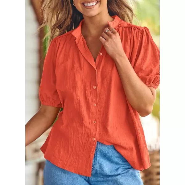 imagePRETTYGARDEN Womens Summer Button Down Shirts Short Lantern Sleeve V Neck Cotton Cute Dressy Casual Ladies Tops BlousesOrange