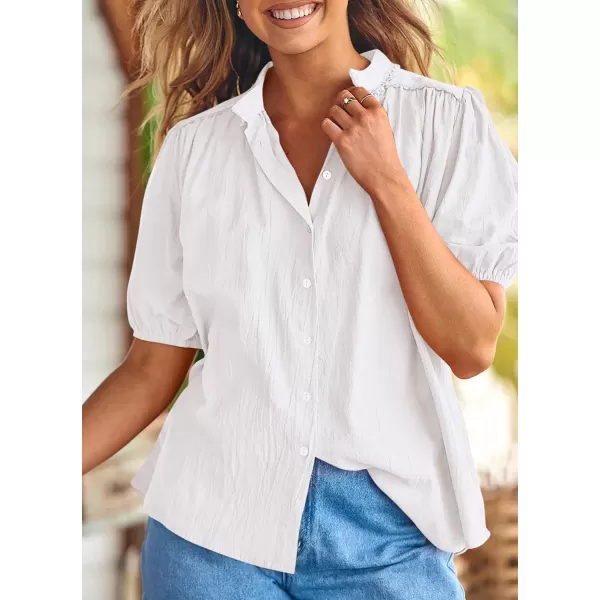 imagePRETTYGARDEN Womens Summer Button Down Shirts Short Lantern Sleeve V Neck Cotton Cute Dressy Casual Ladies Tops BlousesWhite