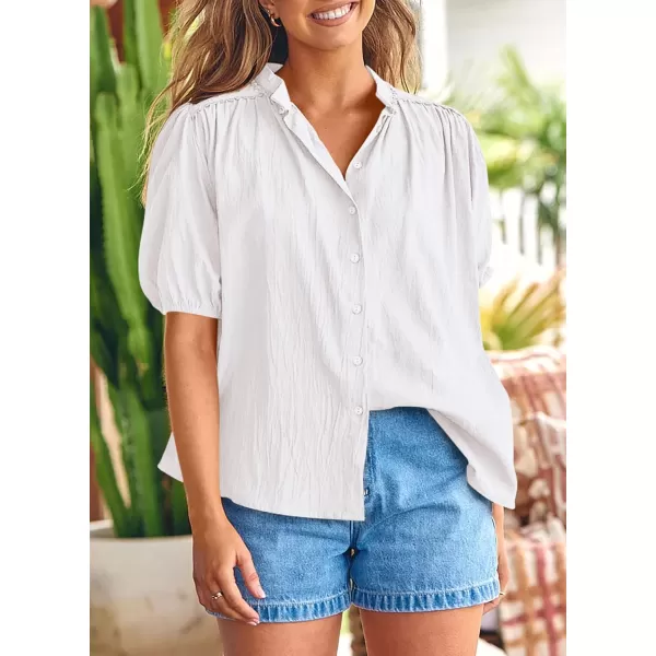 imagePRETTYGARDEN Womens Summer Button Down Shirts Short Lantern Sleeve V Neck Cotton Cute Dressy Casual Ladies Tops BlousesWhite