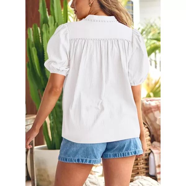 imagePRETTYGARDEN Womens Summer Button Down Shirts Short Lantern Sleeve V Neck Cotton Cute Dressy Casual Ladies Tops BlousesWhite