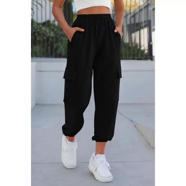 imagePRETTYGARDEN Womens Summer Cargo Sweatpants Casual Elastic High Waisted Lounge Jogger Pants with PocketsBlack